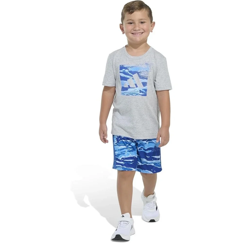 Adidas Boys 2 Piece Set Grey Heather Blue Camo Graphic Tee Shorts 3T AG10313C